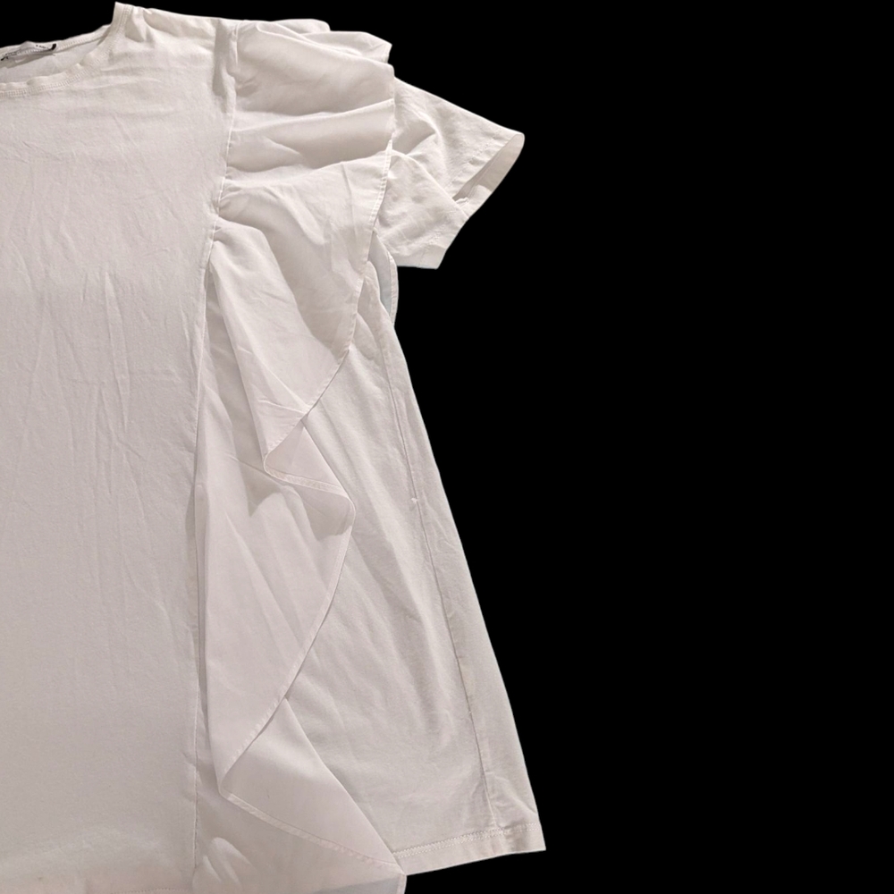 Zara White Short Sleeve Tee with Ruffle Detail, Sz Medium - Picture 3 of 10